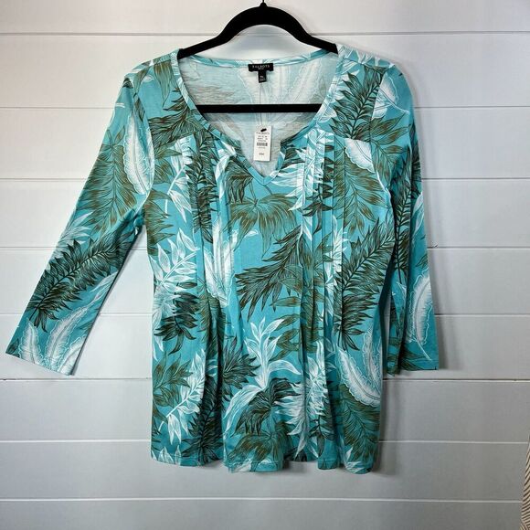 Talbots Pintuck Top Tropical Divided V Neck 3/4 Sleeve Green Sz MP Coastal NEW - Picture 1 of 8